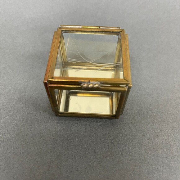 Vintage Glass Brass Mirrored Small Jewelry Trinket Box Square with Bird - Picture 1 of 7